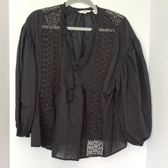 Levis Women’s Peasant Top Black Sheer Boho 3/4 Balloon Sleeve Tassel Tie Lace L - Picture 3 of 13